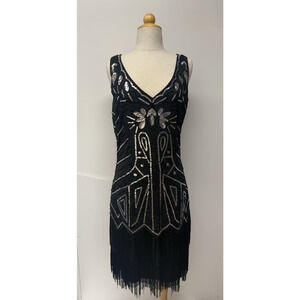 BABEYOND Black Flapper Dress Size L 20's Great Gatsby Sequins Fringe NWT